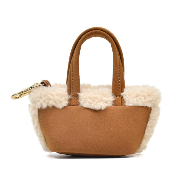 Mini Faux Fur Shearling Trim Suede Tote Bag Winter Keychain Charm