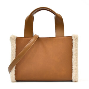 Faux Fur Shearling Trim Suede Tote Bag with Detachable Crossbody Strap Winter Women Handbag